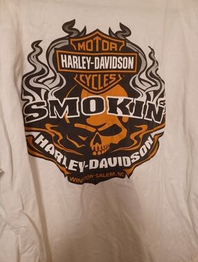 Harley-Davidson White Short Sleeve Tee with Black and Orange Skull Graphic